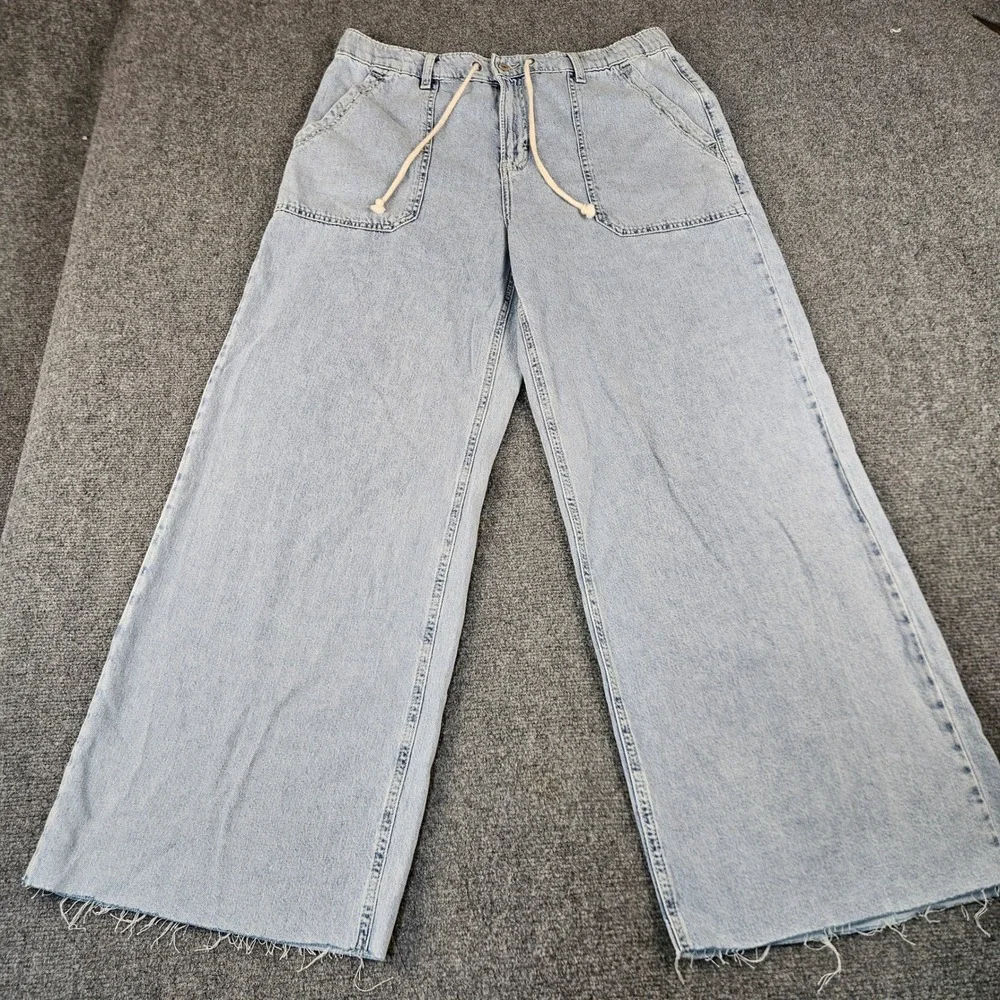 Lucky Brand Womens Light Wash Wide Leg Drawstring Denim Jeans Raw Hem Large